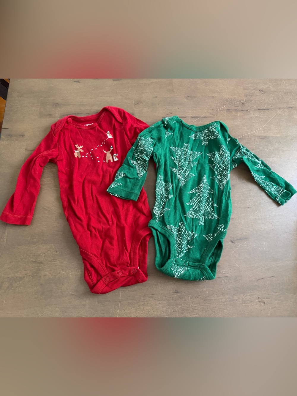 Set of 2 Red and Green Holiday Long Sleeve Baby One-Piece Bodysuits